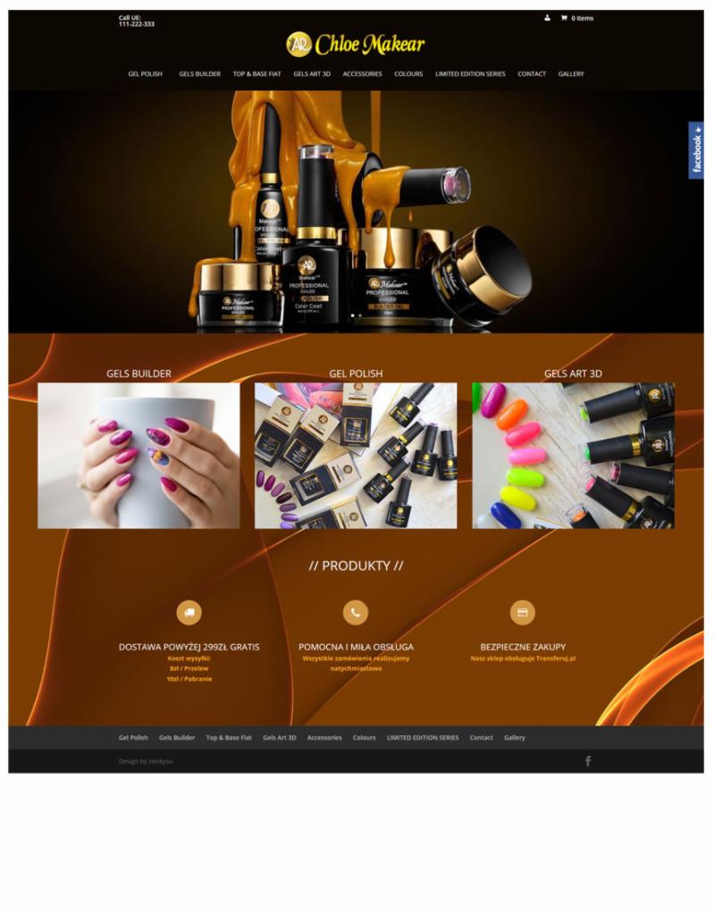 Strona internetowa marki kosmetycznej Chloe Makear, prezentująca produkty do stylizacji paznokci: żele budujące, lakiery hybrydowe i ozdoby 3D.