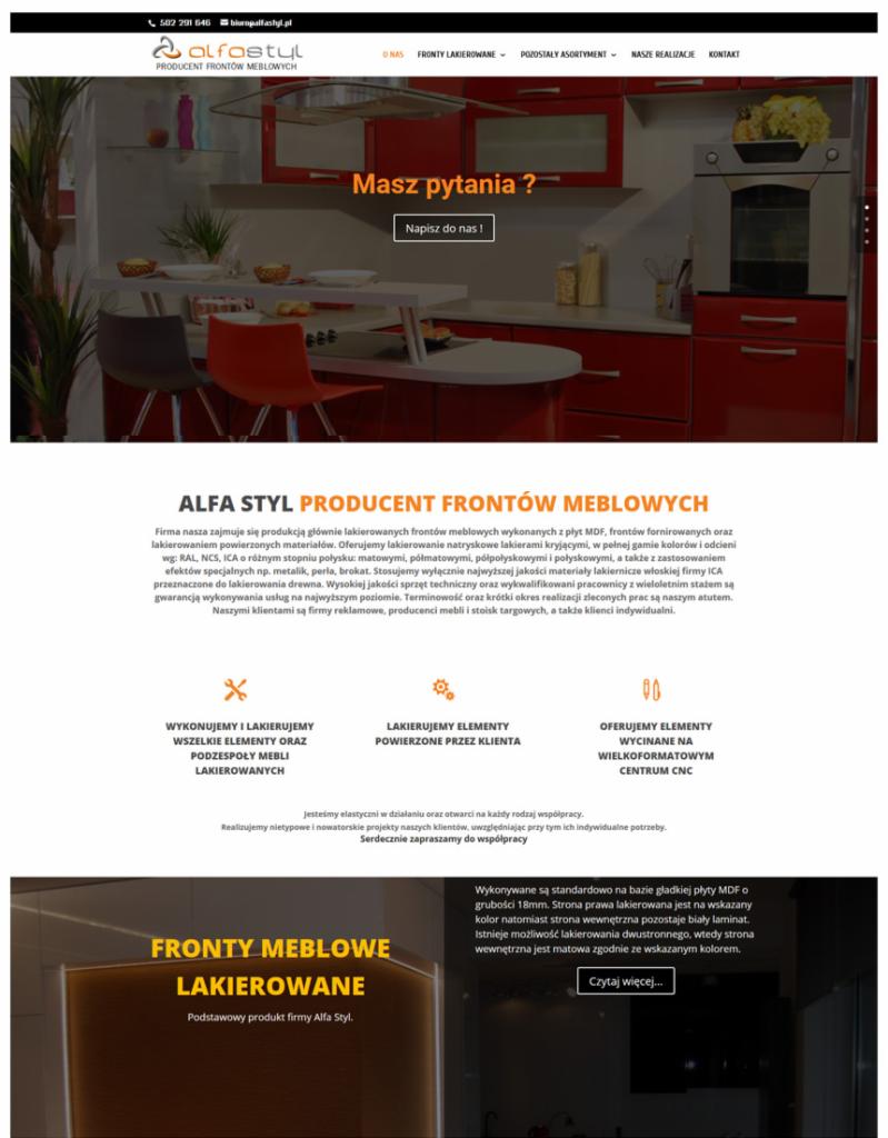 Strona internetowa producenta lakierowanych frontów meblowych Alfa Styl, prezentująca aranżację kuchni z czerwonymi frontami, zaproszenie do kontaktu i opis technologii lakierowania.