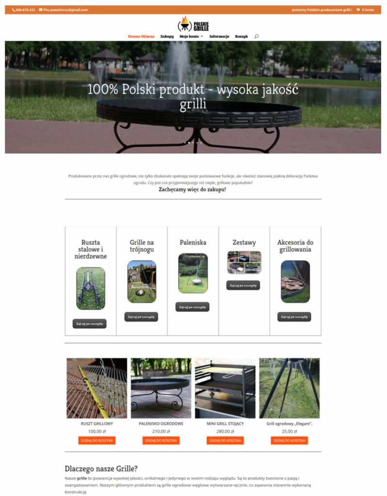 Strona internetowa producenta grilli ogrodowych z widocznym paleniskiem ogrodowym na tle parku z fontanną, prezentująca ofertę produktową.
