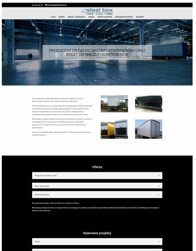Strona internetowa firmy Steel Box prezentująca ofertę drzwi i rolet do naczep i kontenerów, z widocznym zdjęciem hali produkcyjnej i logotypem w górnej części.