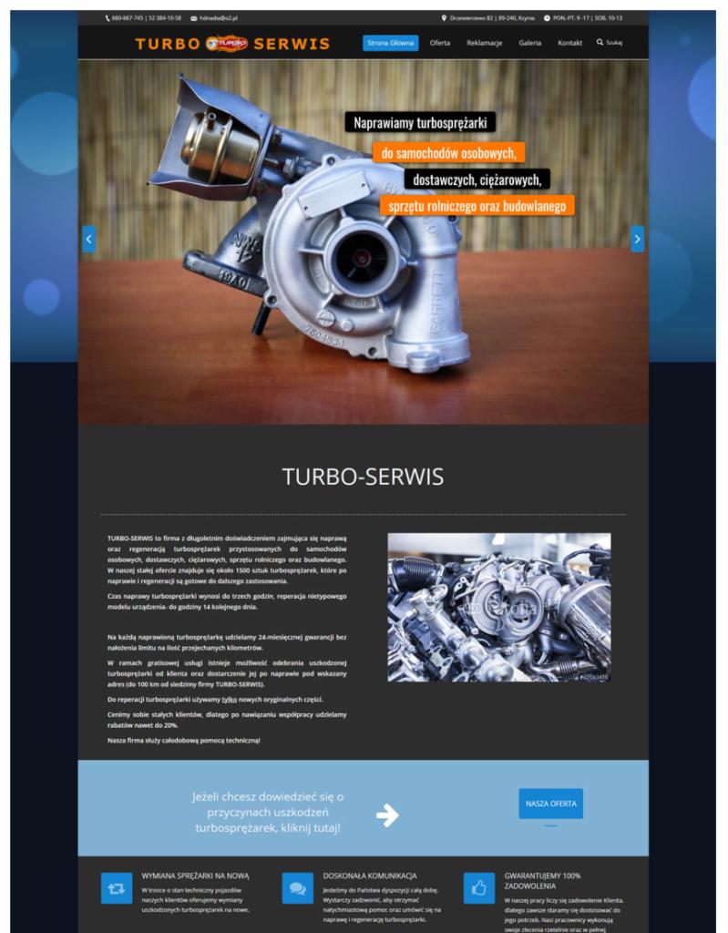 Strona internetowa firmy Turbo Serwis prezentująca ofertę naprawy turbosprężarek do samochodów osobowych, dostawczych, ciężarowych oraz sprzętu rolniczego i budowlanego, z widocznym zdjęciem...