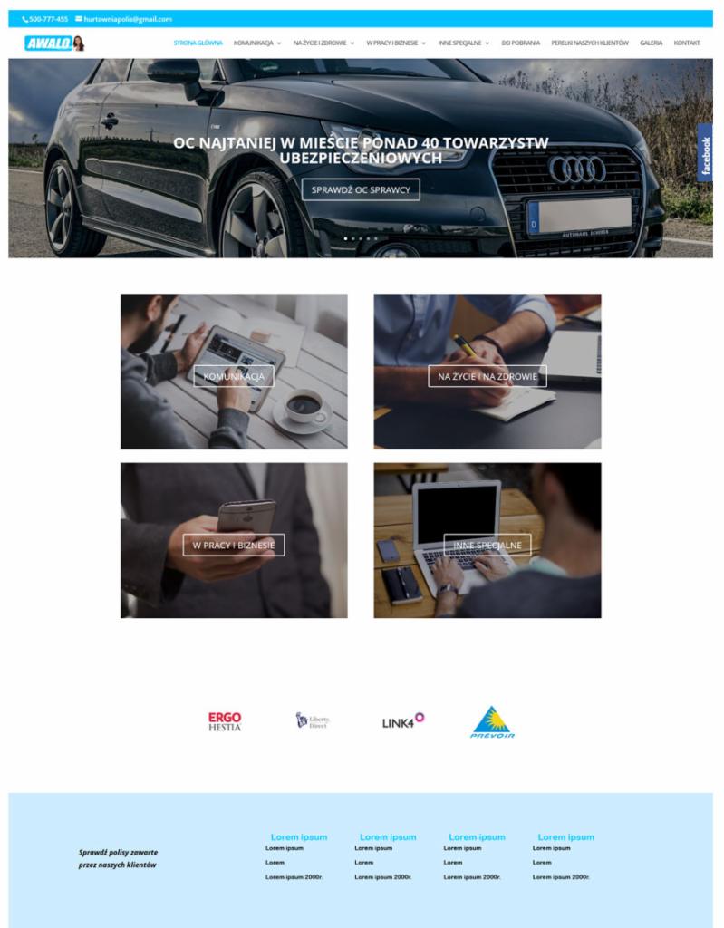 Prezentacja responsywnej strony internetowej z dużym banerem przedstawiającym czarne Audi A1 i hasłem o tanich ubezpieczeniach, poniżej sekcje z ikonami i zdjęciami oraz logotypy firm...