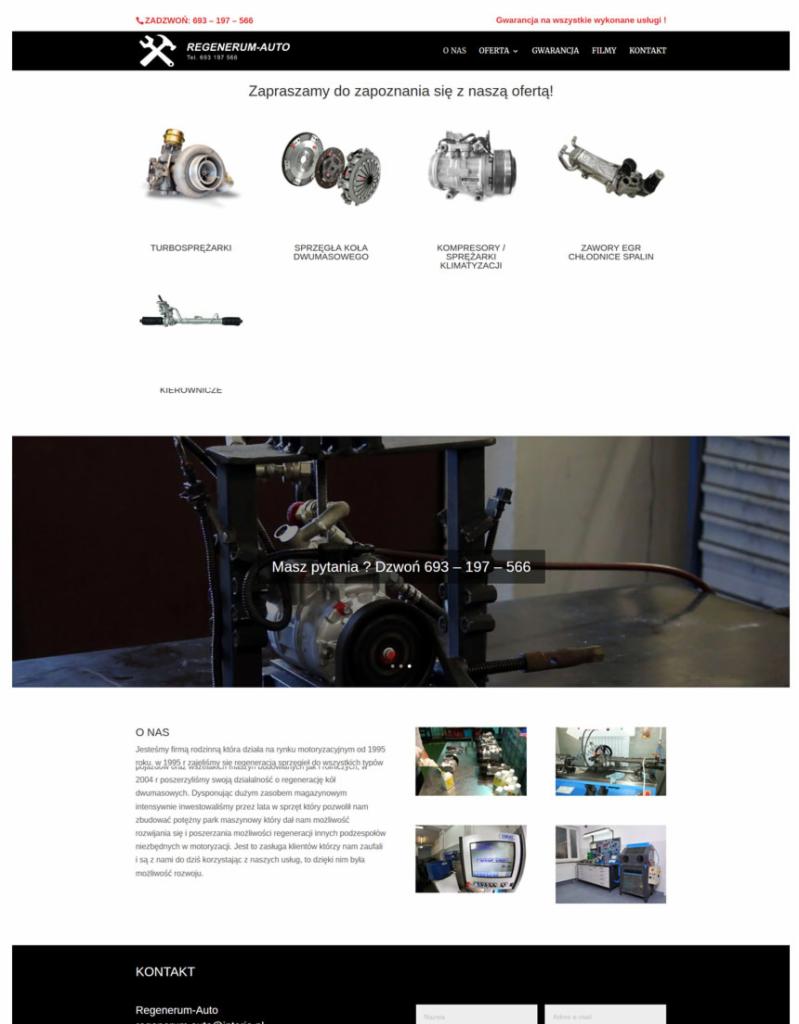 Strona internetowa firmy Regenerum-Auto prezentująca turbosprężarki, sprzęgła koła dwumasowego, kompresory klimatyzacji i zawory EGR chłodnice spalin, z numerem telefonu kontaktowego i sekcją '...