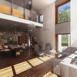 Wizualizacja wnętrza przestronnego domu jednorodzinnego z antresolą, dużymi oknami i nowoczesnym wystrojem, z widoczną strefą dzienną, jadalnią i schodami.