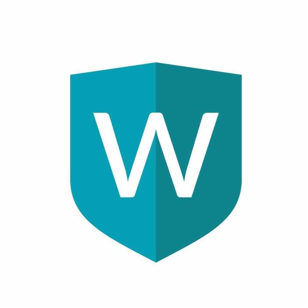 Logo firmy w kształcie niebieskiej tarczy z białą literą W.