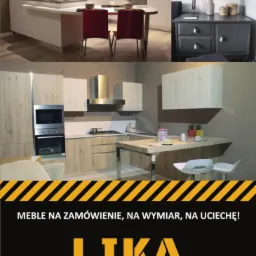 Kompozycja zdjęć prezentująca dwie różne aranżacje kuchni z wyspą i blatem barowym oraz fragment szafki z lustrem, uzupełniona o logo firmy Lika Profesjonaliści i hasło reklamowe 'Meble...