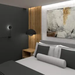 Nowoczesna sypialnia z szarą ścianą, minimalistyczną lampą ścienną, drewnianymi panelami dekoracyjnymi, abstrakcyjnym obrazem i łóżkiem z szarą pościelą oraz poduszkami.