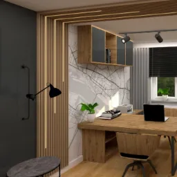 Wizualizacja pokoju biurowego z drewnianym biurkiem, krzesłem na kółkach, lampką, półkami wiszącymi i tapetą z mapą miasta na ścianie, oświetlonymi listwami LED i roślinami w doniczkach.