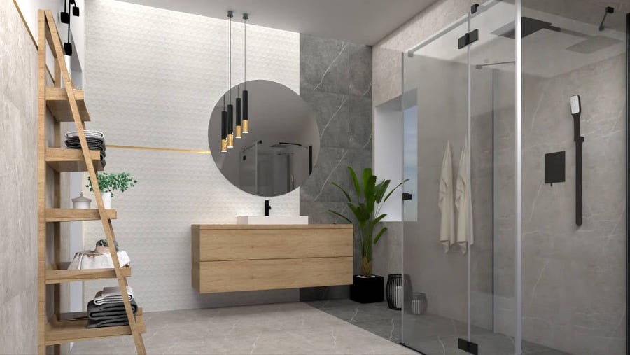 Nowoczesna łazienka z drewnianą szafką pod umywalką, okrągłym lustrem i przeszkloną kabiną prysznicową z czarnymi detalami, oświetlona wiszącymi lampami i dekorowana drewnianym regałem z roślinami...