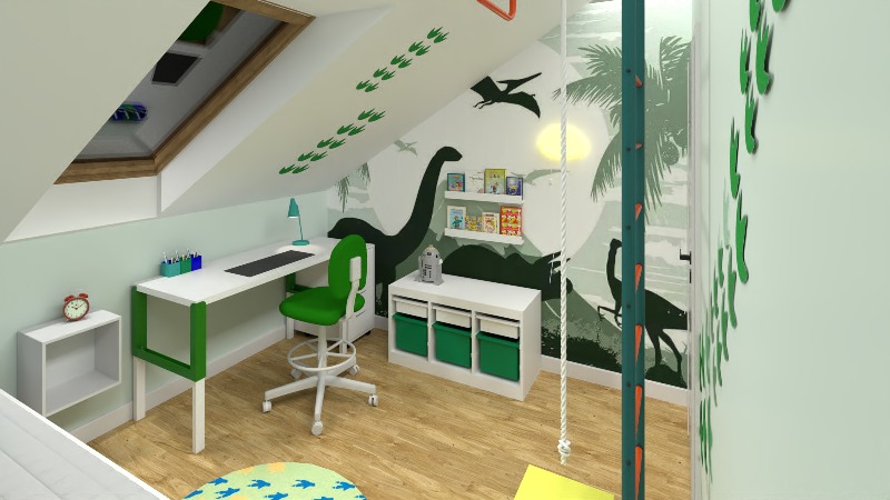 Pokój dziecięcy na poddaszu z motywem dinozaurów: biurko z zielonymi akcentami, regał na zabawki, malowidła ścienne z sylwetkami dinozaurów i ścianka wspinaczkowa.
