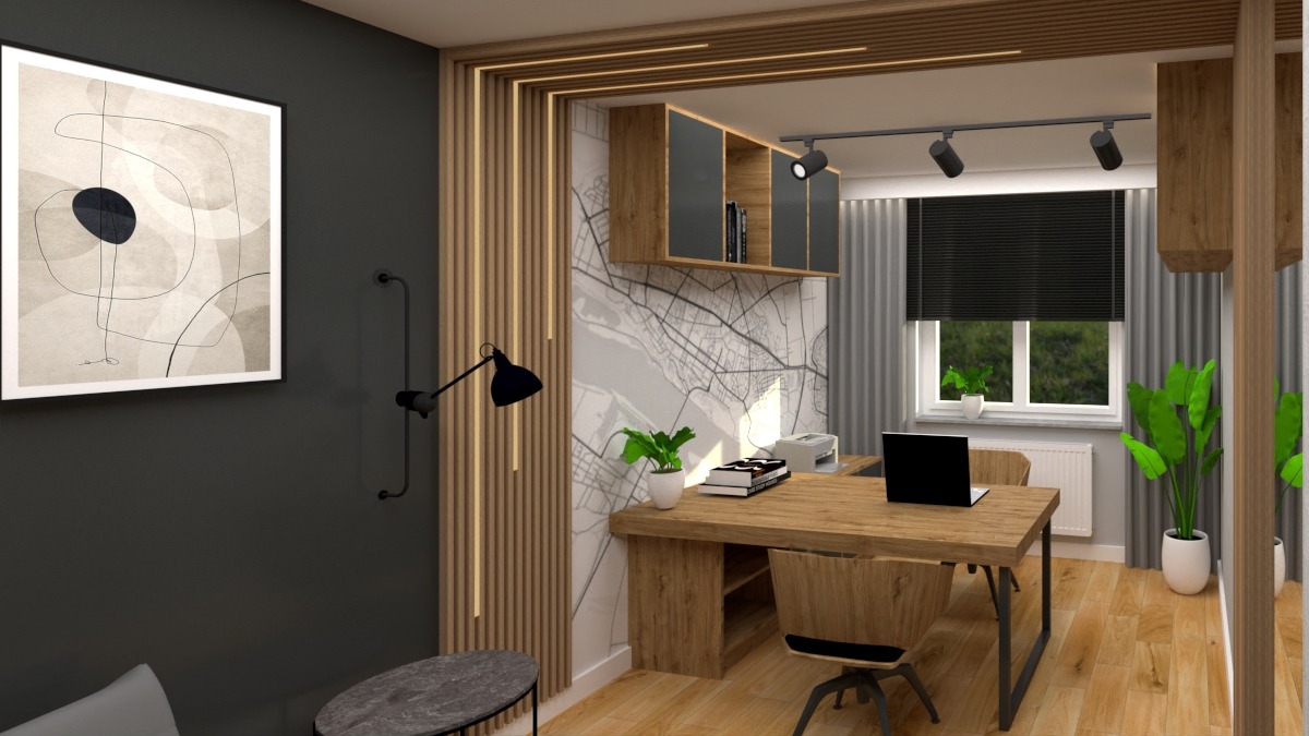 Wizualizacja pokoju biurowego z drewnianym biurkiem, krzesłem na kółkach, lampką, półkami wiszącymi i tapetą z mapą miasta na ścianie, oświetlonymi listwami LED i roślinami w doniczkach.