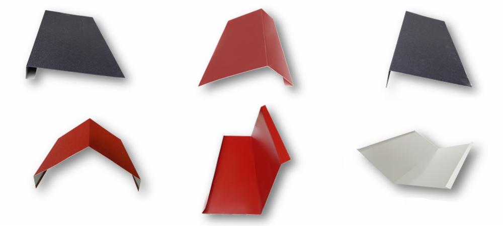 Zestaw sześciu metalowych elementów wykończeniowych w kolorach czarnym, czerwonym i białym, prezentowanych na białym tle.