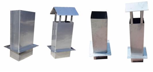 Cztery różne metalowe zakończenia kominowe, w tym modele z daszkiem i bez, prezentowane na białym tle.