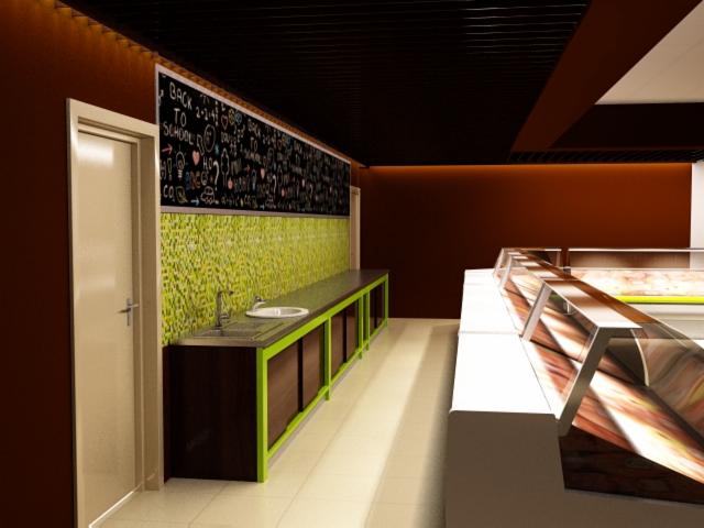 Wizualizacja wnętrza sklepu z czarną tablicą kredową z rysunkami, zieloną mozaiką i zabudową z umywalką oraz ladą chłodniczą z ekspozycją produktów.