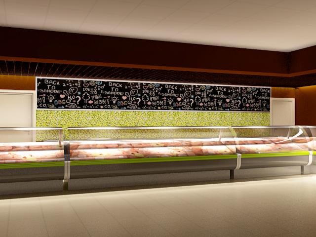 Projekt sklepu spożywczego z chłodniami ekspozycyjnymi, dekoracyjną tablicą kredową z napisem 'Back to School' i zielonym panelem dekoracyjnym w tle.