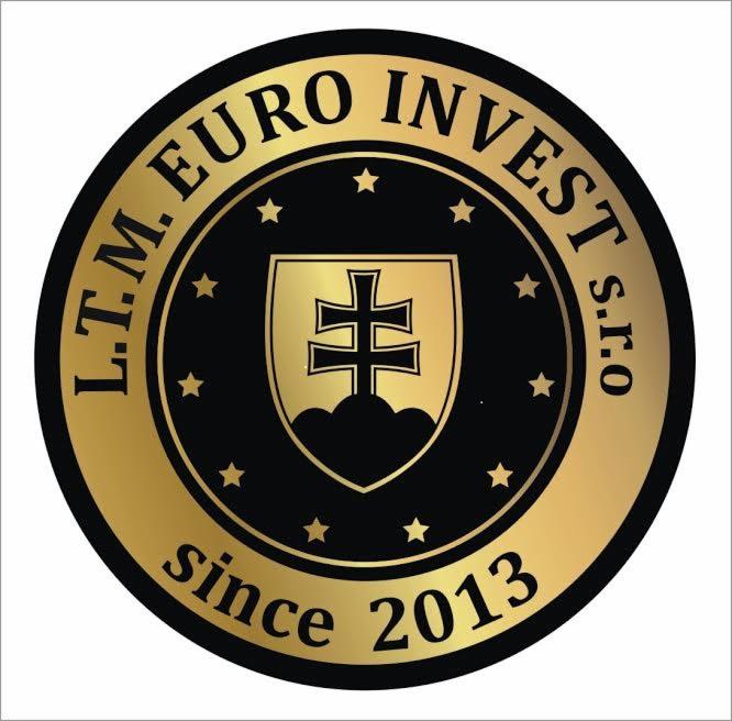 Złoto-czarny emblemat firmy L.T.M. EURO INVEST s.r.o. z tarczą herbową zawierającą podwójny krzyż, otoczony gwiazdami i napisem 'since 2013'.