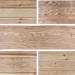 Drewnohouse Piotr Latosiński - Kompozycja z pięciu zbliżeń na różne tekstury jasnego drewna, ukazujące słoje i naturalne niedoskonałości. Różne ułożenie desek i odcienie.