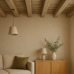 Beżowe wnętrze z drewnianym sufitem belkowym, kanapą, komodą i okrągłym stolikiem kawowym. Neutralna kolorystyka, minimalistyczny design, ciepłe oświetlenie.