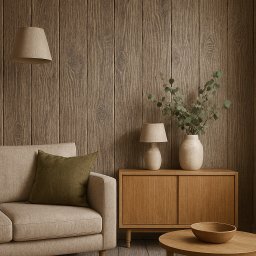 Drewnohouse Piotr Latosiński - Drewniana ściana z pionowych paneli, beżowa sofa z poduszką, komoda z lampką i wazonem, okrągły stolik. Ciepłe oświetlenie, przytulne wnętrze.