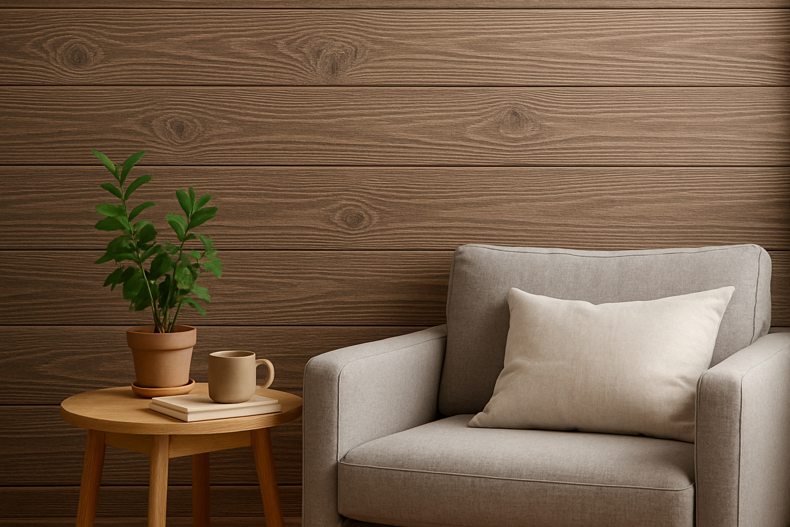 Drewniana ściana z poziomych paneli, obok szary fotel z poduszką i okrągły stolik z rośliną doniczkową i kubkiem. Ciepłe oświetlenie.