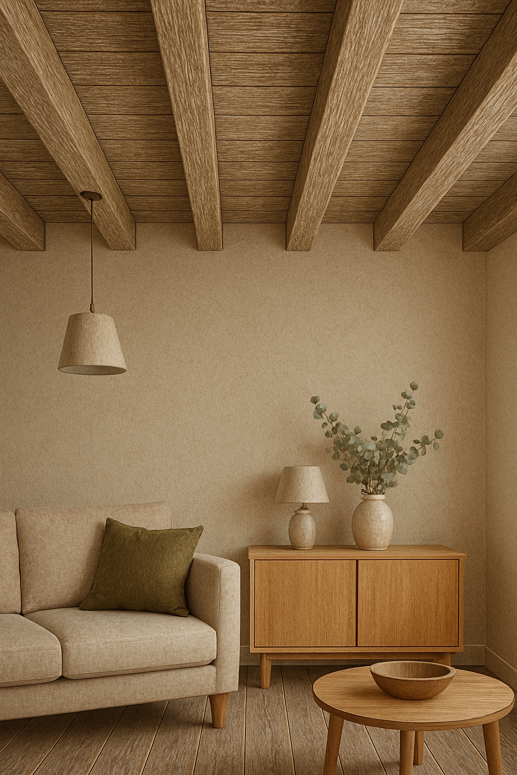 Beżowe wnętrze z drewnianym sufitem belkowym, kanapą, komodą i okrągłym stolikiem kawowym. Neutralna kolorystyka, minimalistyczny design, ciepłe oświetlenie.