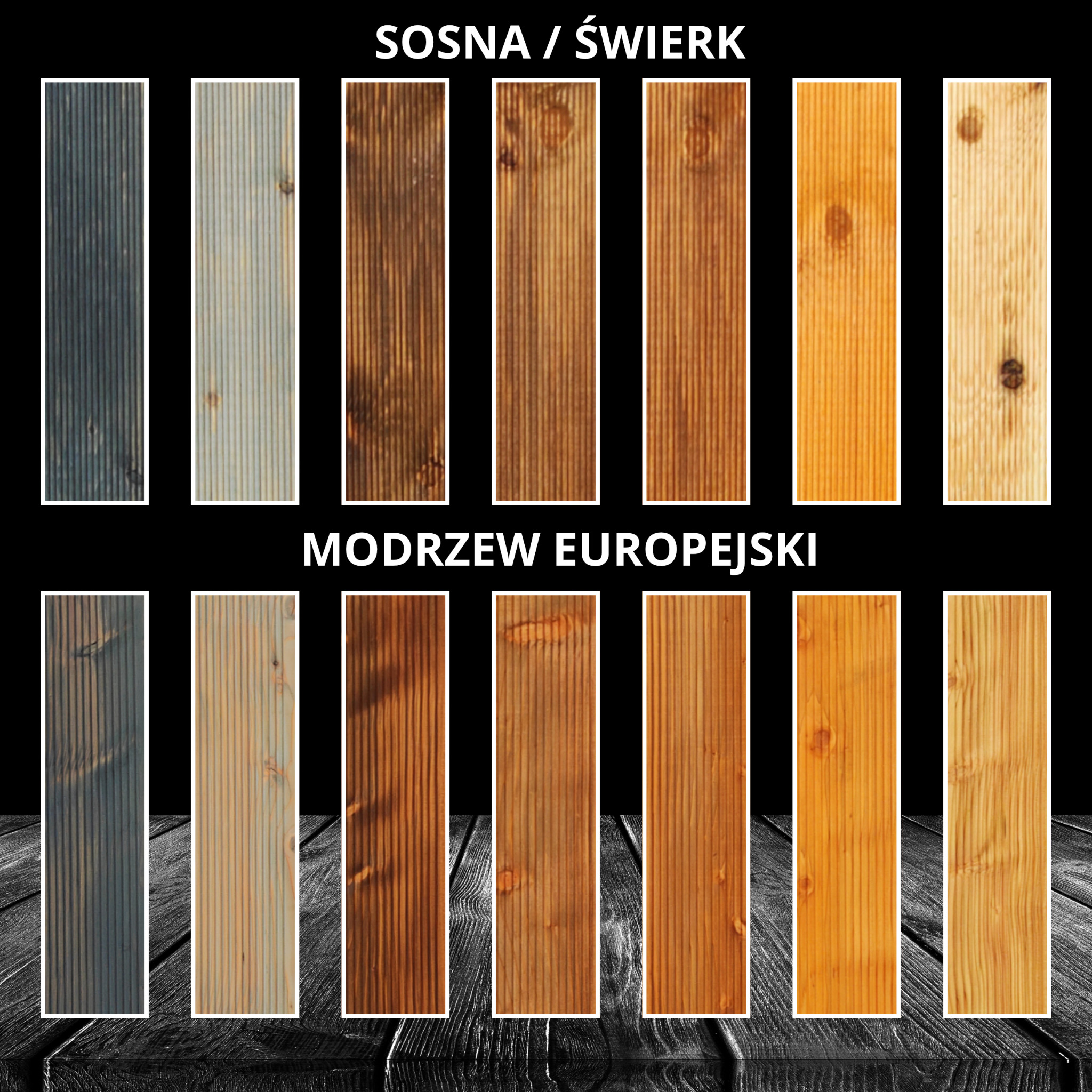 Przekrój desek z sosny/świerku i modrzewia europejskiego, prezentujący różne odcienie i tekstury drewna na ciemnym tle. Widoczne słoje i sęki.