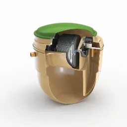 Przekr&oacute;j beżowego zbiornika z zieloną pokrywą, ukazujący wewnętrzny mechanizm z filtrem obrotowym, na białym tle.