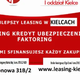 Reklama firmy oferującej leasing, kredyt, ubezpieczenia i faktoring w Kielcach, z danymi kontaktowymi brokerów i adresem strony internetowej.