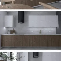 Nowoczesna kuchnia z drewnianymi szafkami dolnymi i białymi górnymi, czarny okap, drewniany stół i krzesła z jasnymi siedziskami, roślina w wazonie na blacie.