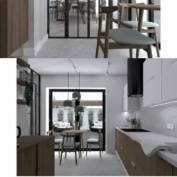 Wnętrze domu z otwartą kuchnią i jadalnią, widoczne przez przeszklone drzwi w stylu industrialnym, z drewnianymi akcentami i nowoczesnym oświetleniem.