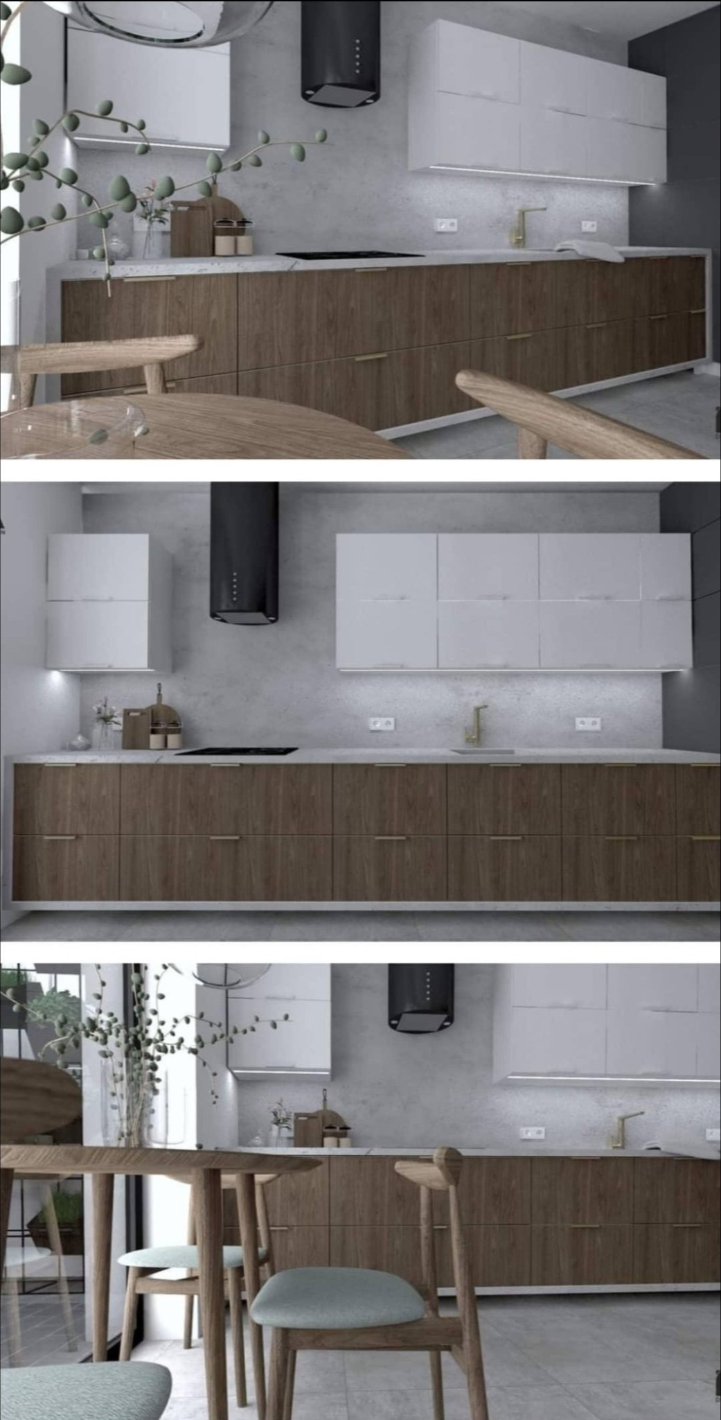 Nowoczesna kuchnia z drewnianymi szafkami dolnymi i białymi górnymi, czarny okap, drewniany stół i krzesła z jasnymi siedziskami, roślina w wazonie na blacie.