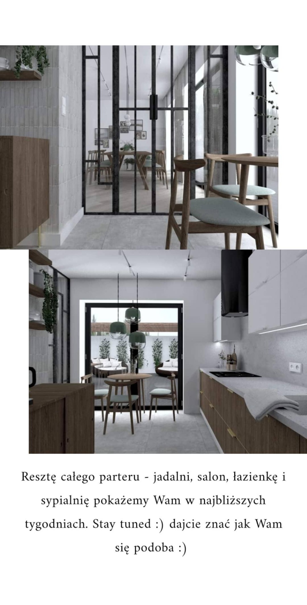 Wnętrze domu z otwartą kuchnią i jadalnią, widoczne przez przeszklone drzwi w stylu industrialnym, z drewnianymi akcentami i nowoczesnym oświetleniem.