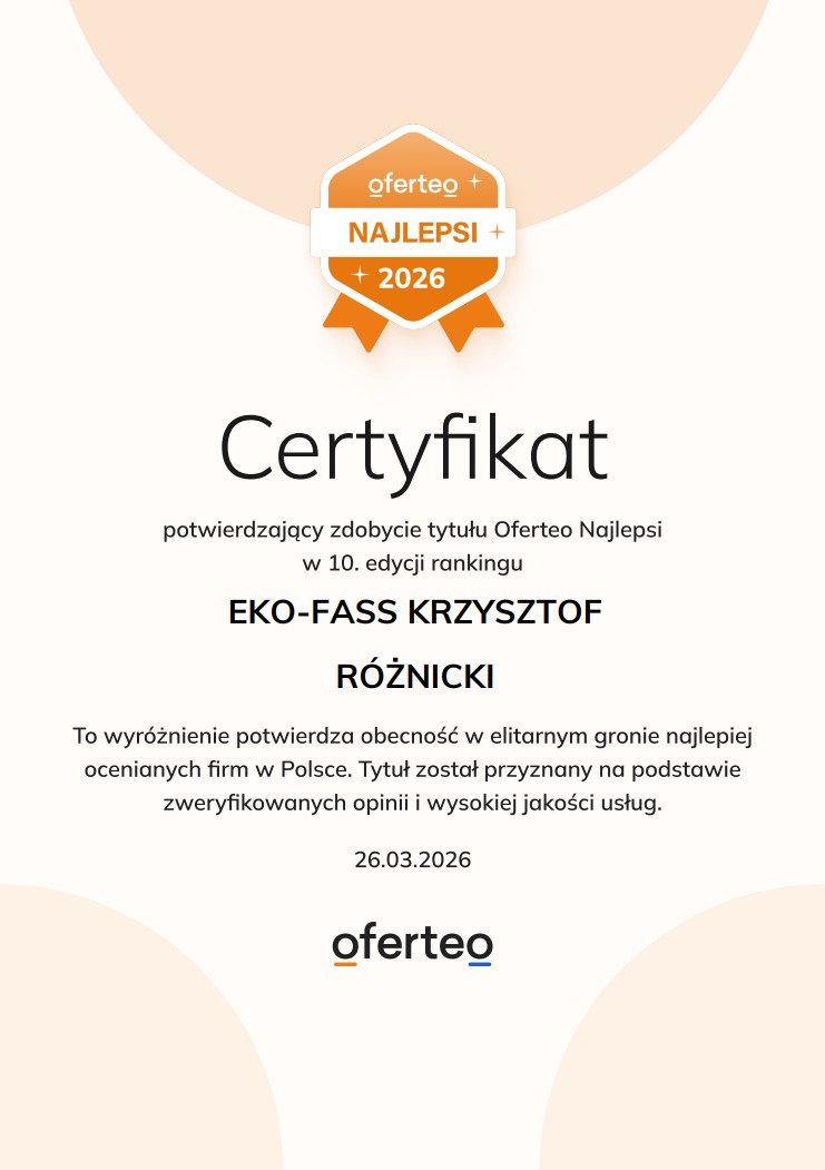 Certyfikat Oferteo Najlepsi 2026 dla EKO-FASS KRZYSZTOF RÓŻNICKI, potwierdzający obecność w elitarnym gronie najlepiej ocenianych firm w Polsce na podstawie zweryfikowanych opinii.