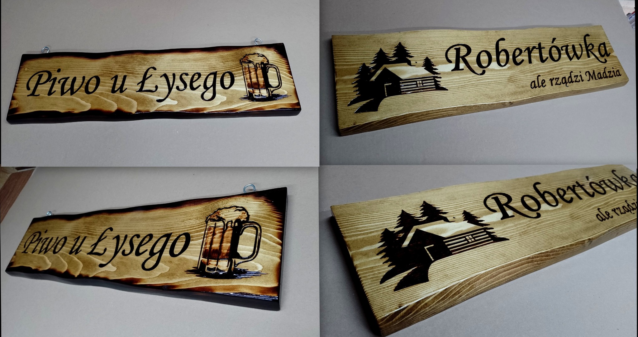 Cztery ujęcia ręcznie robionych, opalanych drewnianych szyldów: jeden z napisem 'Piwo u Łysego' i kuflem piwa, drugi z napisem 'Robertówka ale rządzi Madzia' i chatką w lesie.