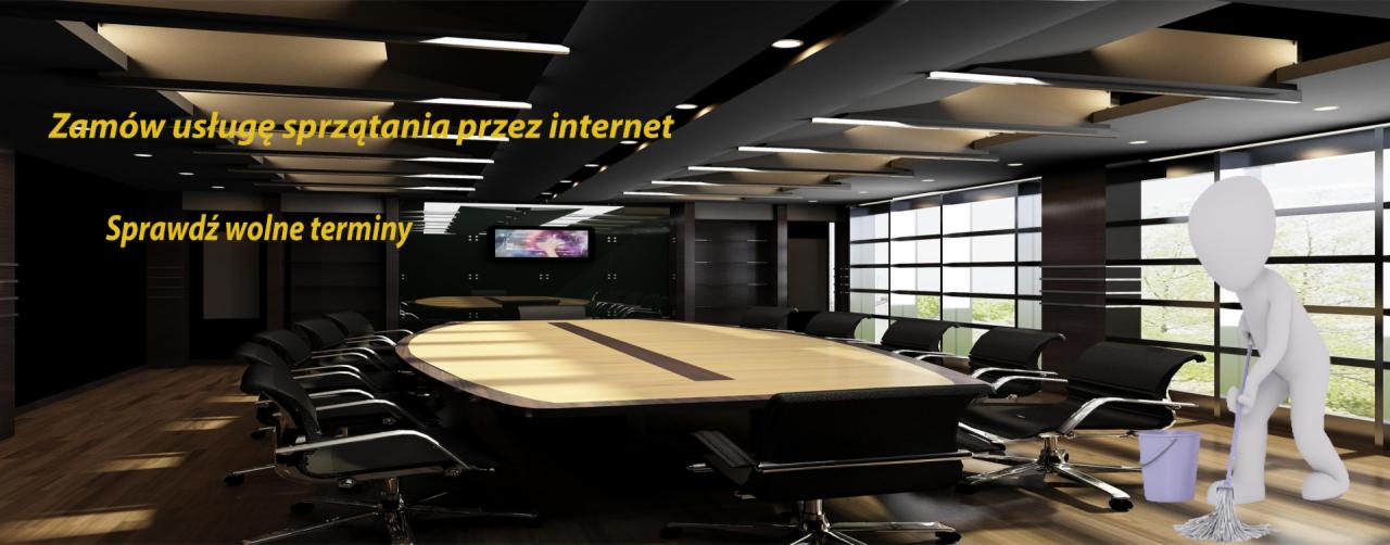 Wizualizacja 3D: Postać sprzątająca mopem podłogę w nowoczesnej sali konferencyjnej z dużym stołem i krzesłami, widoczne okna i elementy wyposażenia biura.