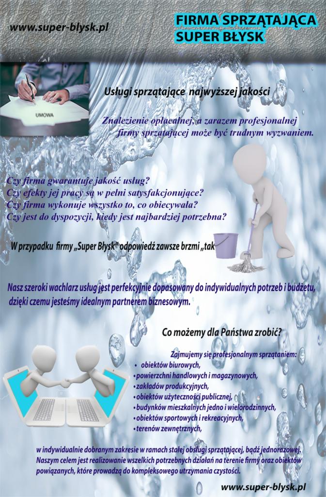 Grafika reklamowa firmy sprzątającej Super Błysk z podpisującym umowę mężczyzną, animowaną postacią sprzątającą mopem i wiadrem oraz dwoma postaciami podającymi sobie dłonie z ekranów laptopów...