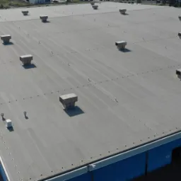 Szeroki, płaski dach przemysłowy pokryty szarą membraną z licznymi wywietrznikami, widok z góry, błękitna ściana hali wzdłuż dachu.