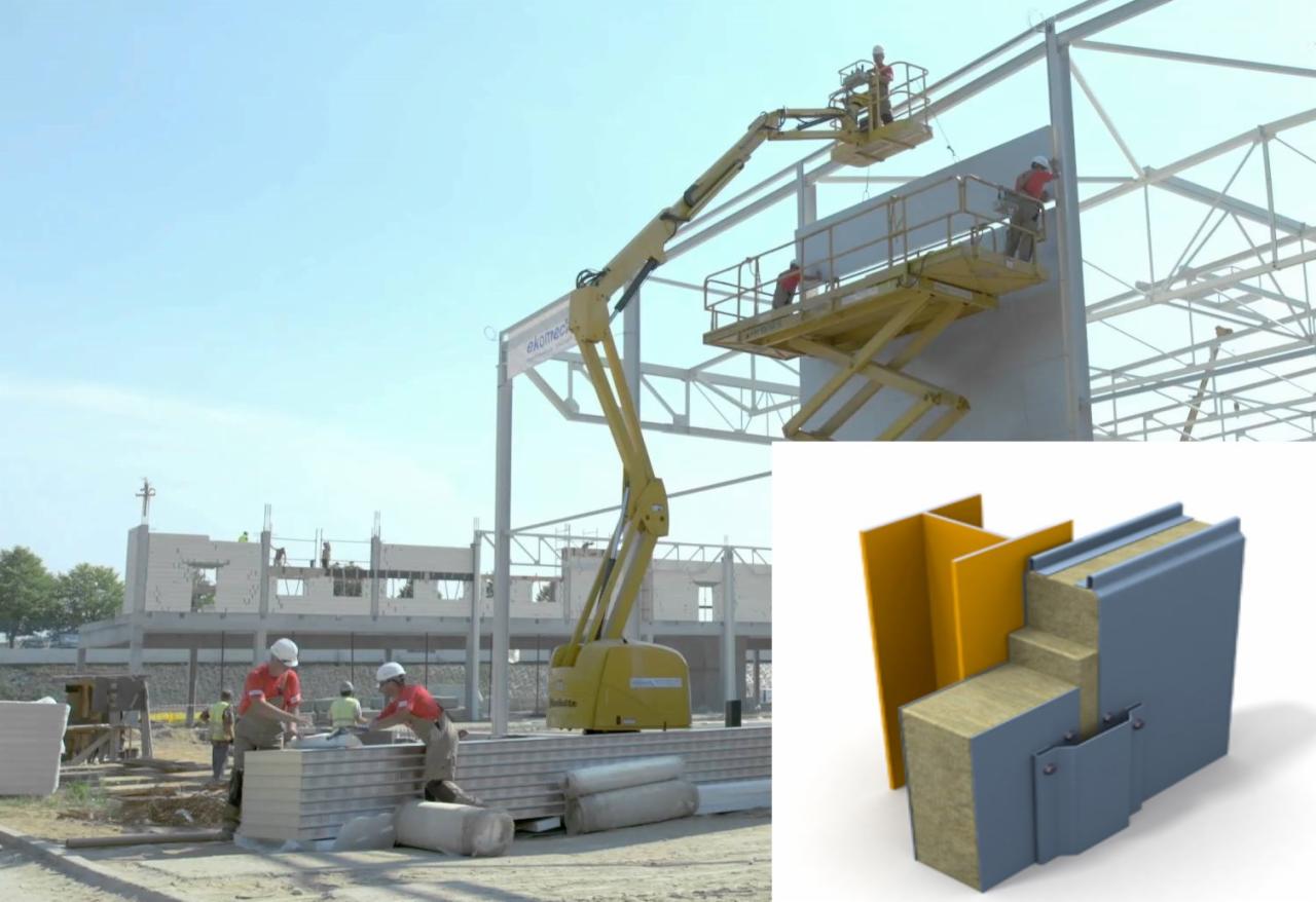 Montaż płyt warstwowych na konstrukcji stalowej budynku z użyciem podnośnika koszowego, widoczny przekrój płyty warstwowej z izolacją z wełny mineralnej.