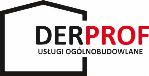 Logo firmy budowlanej DERPROF z grafiką stylizowaną na obrys dachu i napisem 'Usługi Ogólnobudowlane' pod nazwą firmy.
