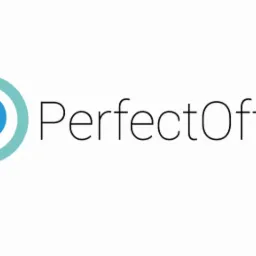 Logo firmy PerfectOffice z niebiesko-turkusowym symbolem w kształcie litery 'p' w okręgu, obok nazwa firmy napisaną cienką, czarną czcionką.