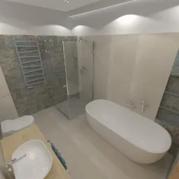 Wizualizacja łazienki z wolnostojącą wanną, kabiną prysznicową ze szklanymi drzwiami, umywalką nablatową na drewnianym blacie i grzejnikiem drabinkowym na ścianie z dekoracyjnymi płytkami.