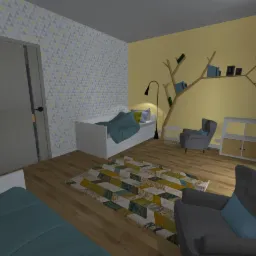 Wizualizacja pokoju dziecięcego z dwoma łóżkami, szarą sofą z niebieską poduszką, dywanem w geometryczne wzory, ścianą w trójkąty i żółtą ścianą z półką w kształcie drzewa.