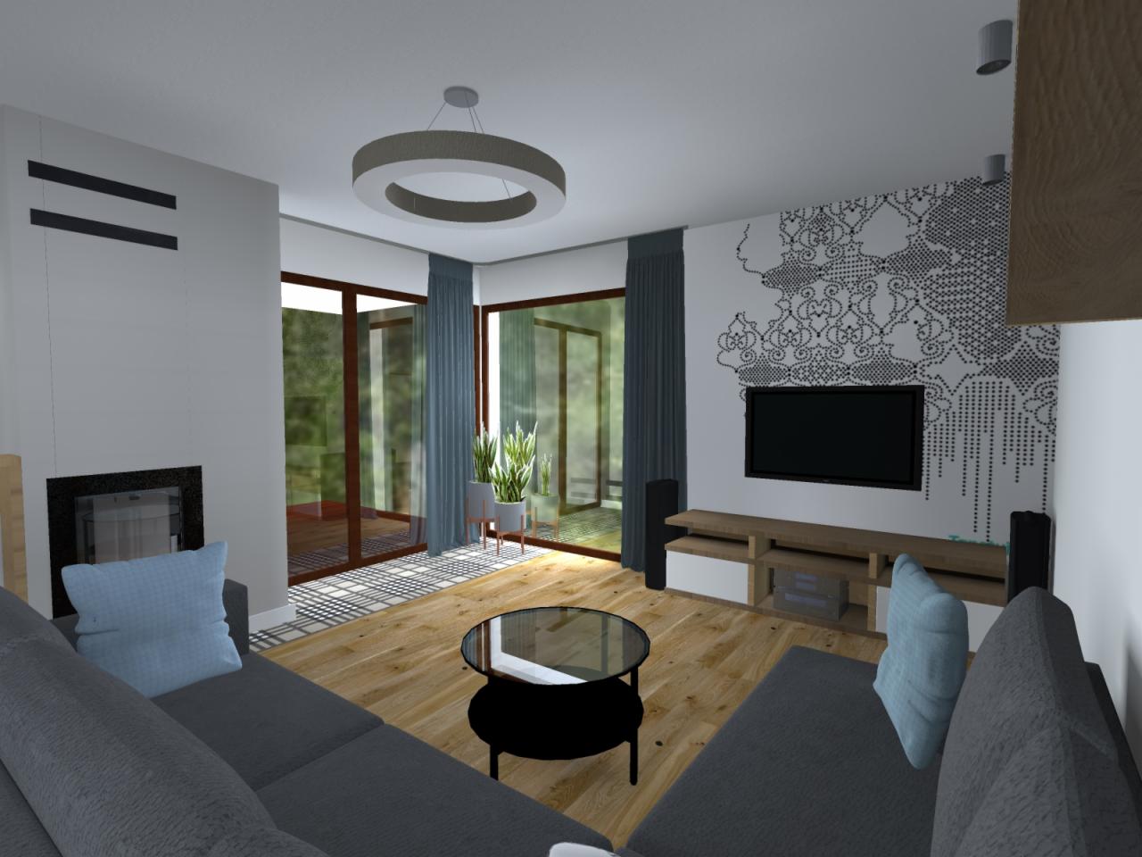 Wizualizacja salonu z szarą sofą, czarnym stolikiem kawowym i telewizorem na ścianie z dekoracyjnym wzorem. Okrągła lampa sufitowa i jasne drewniane podłogi.
