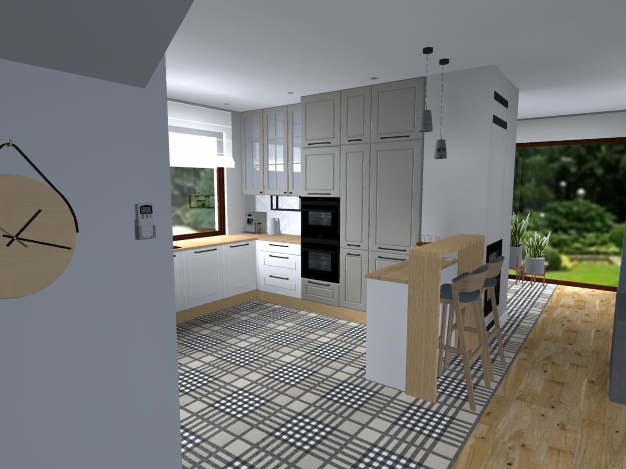 Wizualizacja nowoczesnej kuchni z szarymi szafkami, drewnianym blatem barowym i krzesłami barowymi z niebieskimi siedziskami, wzorzystą podłogą i widokiem na ogród przez duże okno.