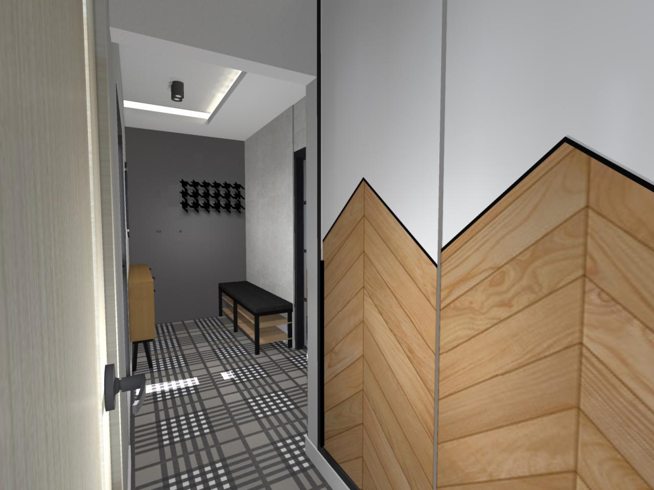 Wnętrze przedpokoju w szarościach z wzorzystą podłogą, ławką z półkami i drewnianą dekoracją ścienną w jodełkę, widok zza uchylonych drzwi.