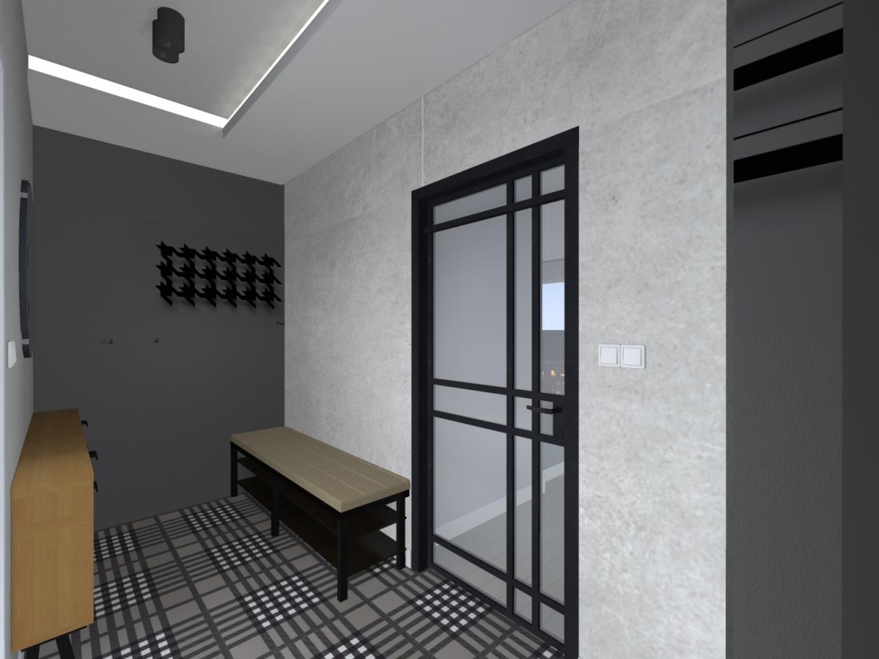 Wizualizacja przedpokoju z szarą ścianą, czarnym wieszakiem na ubrania, drewnianą szafką i ławką z półkami, podłoga w kratę, czarne drzwi z przeszkleniami i nowoczesnym oświetleniem sufitowym.