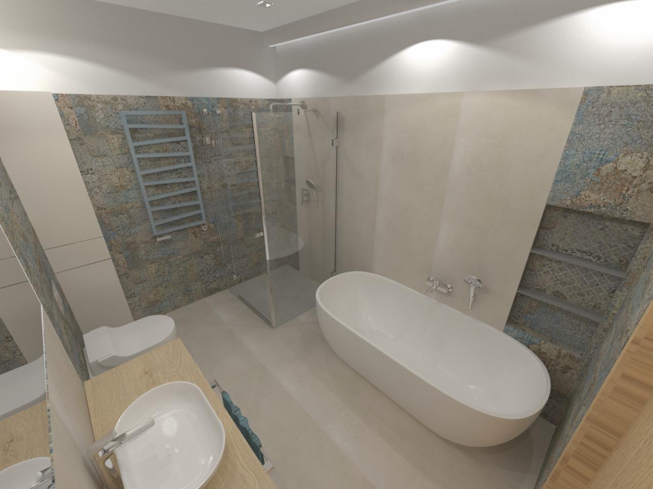 Wizualizacja łazienki z wolnostojącą wanną, kabiną prysznicową ze szklanymi drzwiami, umywalką nablatową na drewnianym blacie i grzejnikiem drabinkowym na ścianie z dekoracyjnymi płytkami.