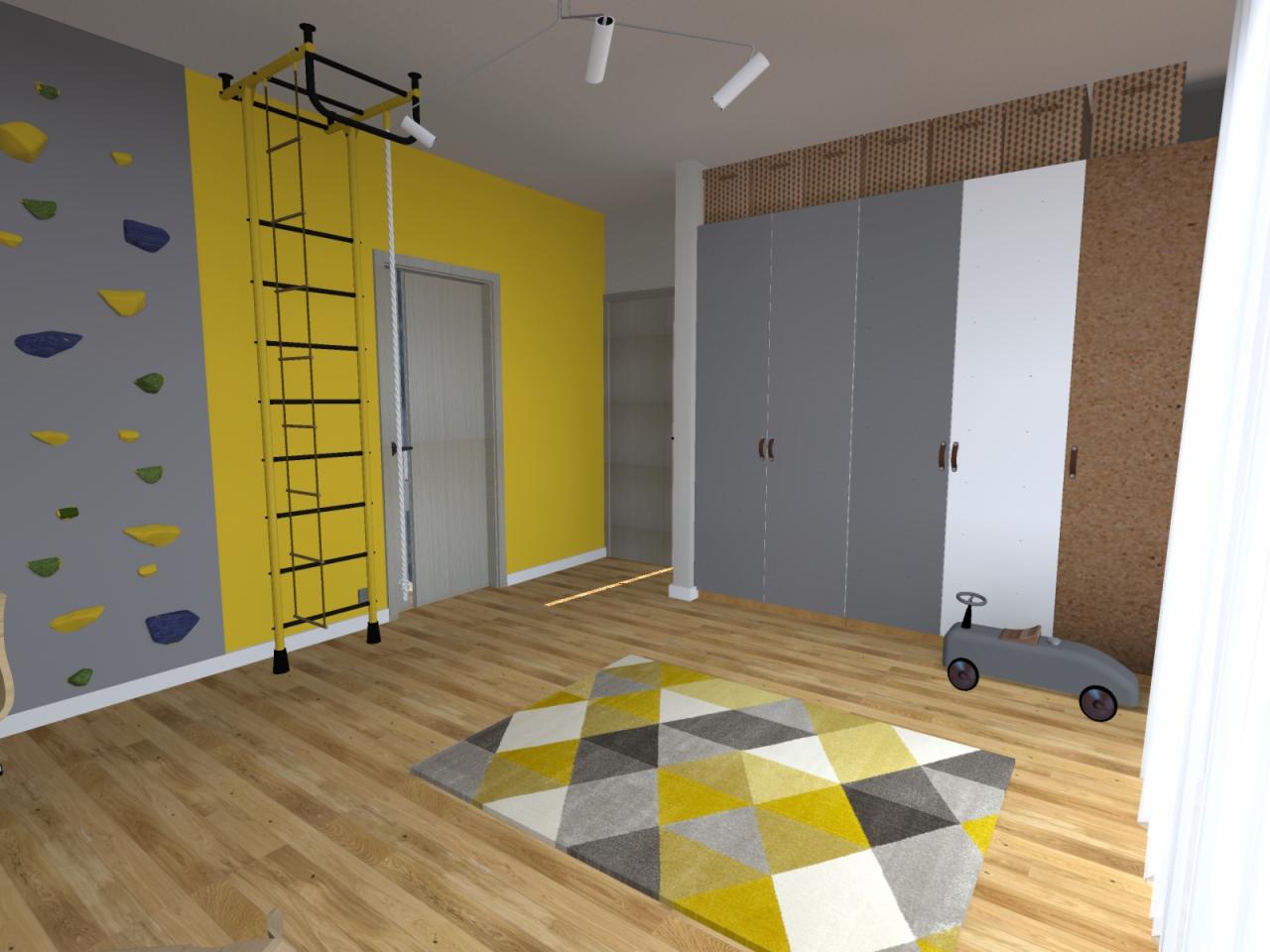 Pokój dziecięcy z drabinką gimnastyczną, ścianką wspinaczkową, szarą szafą i dywanem w geometryczne wzory w odcieniach szarości i żółci.