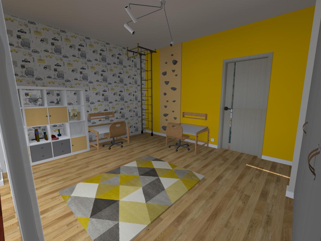 Pokój dziecięcy z dwoma biurkami, regałem na zabawki, drabinką gimnastyczną i dywanem w geometryczne wzory w odcieniach szarości i żółci.