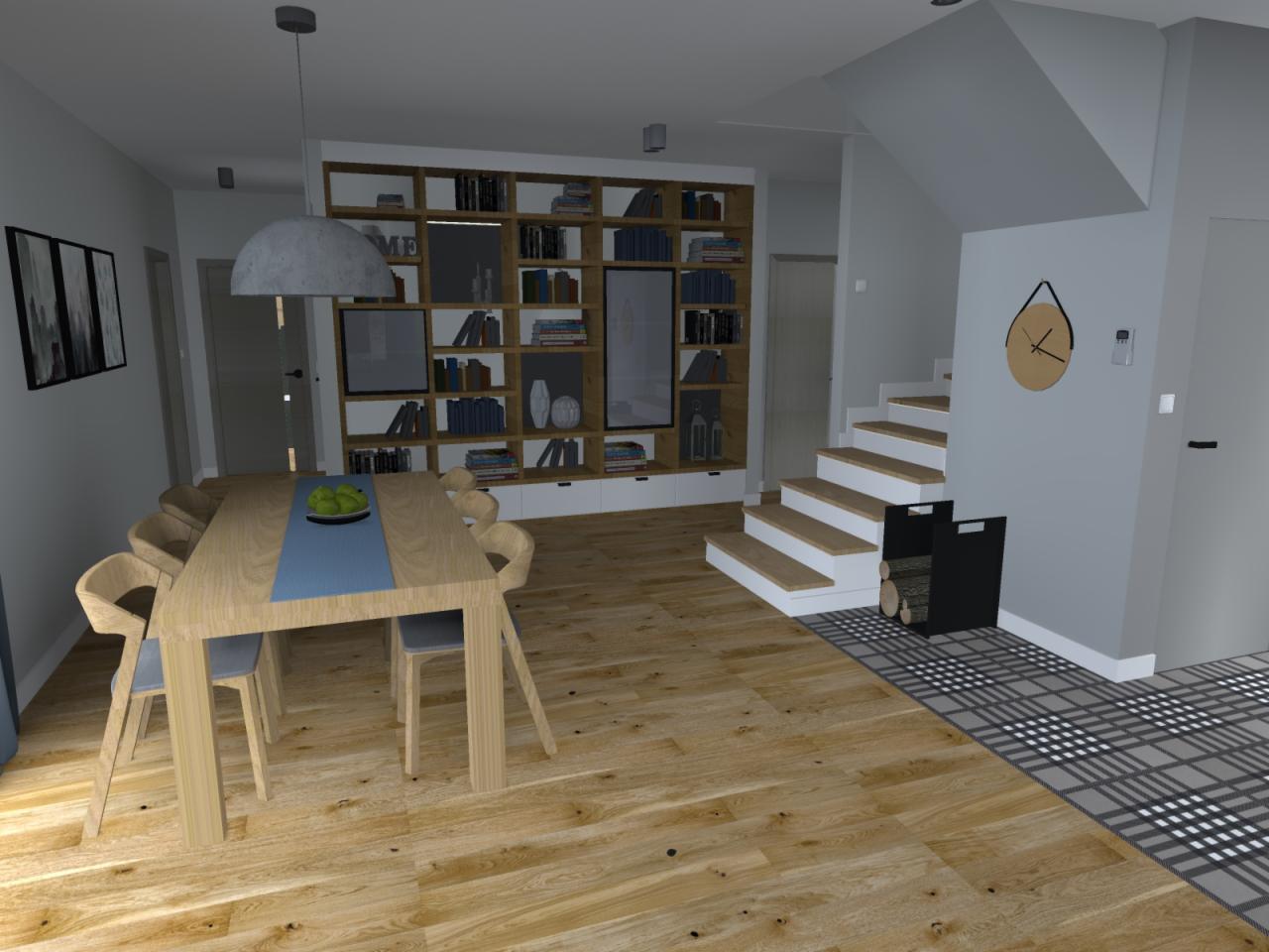 Wizualizacja jadalni z drewnianym stołem, krzesłami, zabudowaną biblioteczką oraz schodami w nowoczesnym stylu.
